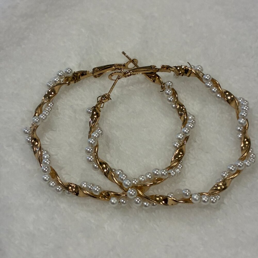 Faux Pearl & Gold Plated Twist Hoop Earrings - Picture 2 of 9